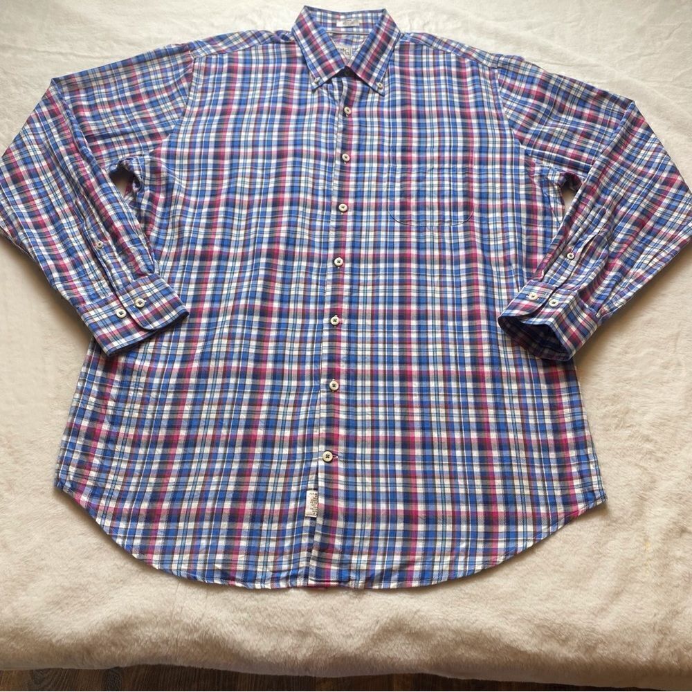 Peter Millar Red, White Blue Plaid Button Down Shirt Size Large
